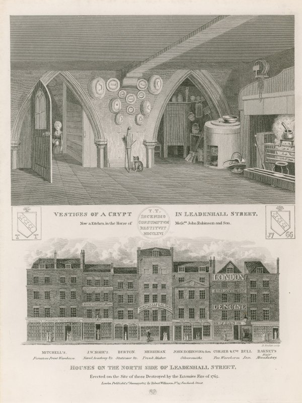 Talot Leadenhall Streetin pohjoispuolella, jotka on pystytetty vuoden 1765 laajassa tulipalossa tuhoutuneiden paikalle tekijältä English School