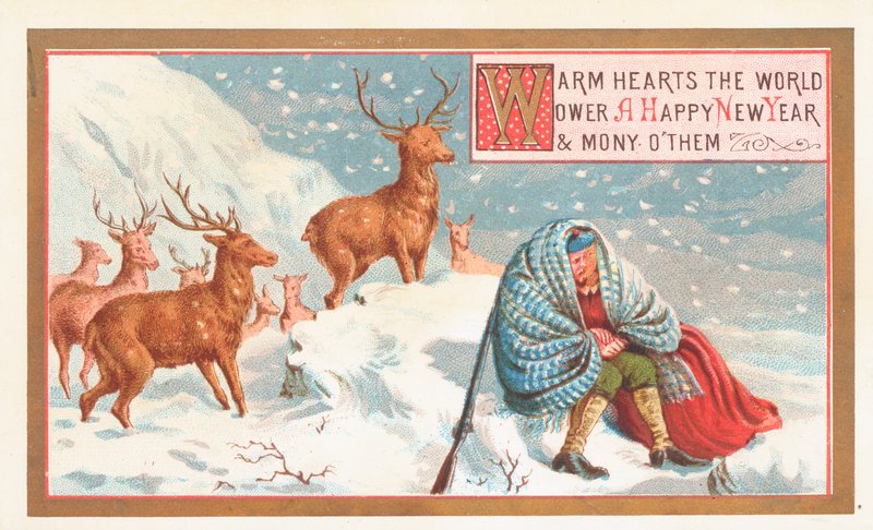 Hunter and Stags lumessa, uudenvuodenkortti tekijältä English School