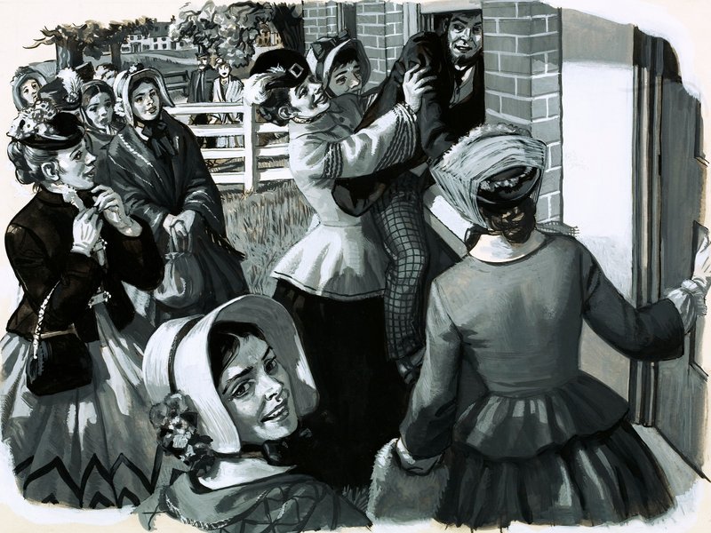 Vuonna 1848 Elizabeth Cady Stanton järjesti suffragette-kokouksen New Yorkissa (guassi paperilla) tekijältä English School