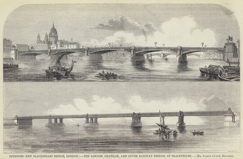 Suunniteltu uusi Blackfriars Bridge, Lontoo, Lontoo, Chatham ja Dover Railway Bridge, Blackfriarsissa (kaiverrus) tekijältä English School