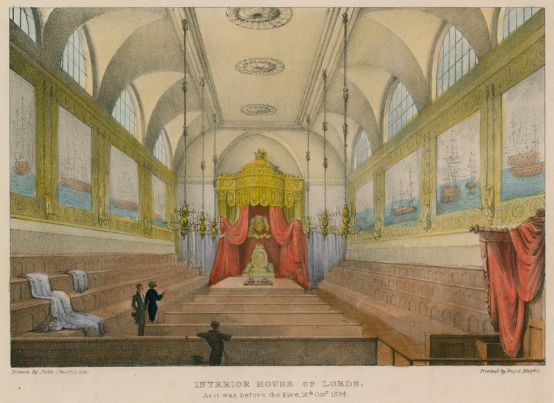 House of Lordsin sisätilat sellaisena kuin se oli ennen tulipaloa, 16. lokakuuta 1834 tekijältä English School