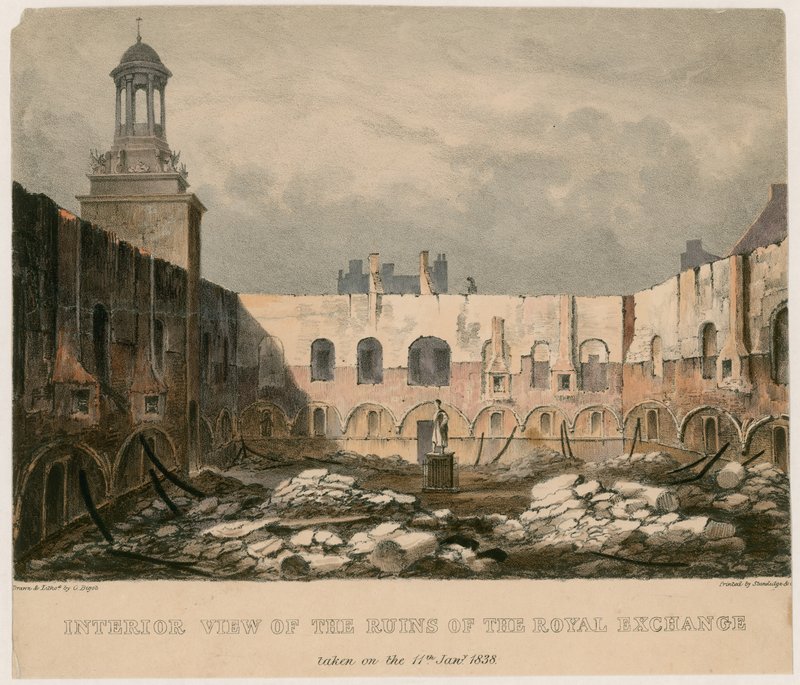 Sisäkuva Lontoon Royal Exchangen raunioista, otettu 11. tammikuuta 1838 tekijältä English School