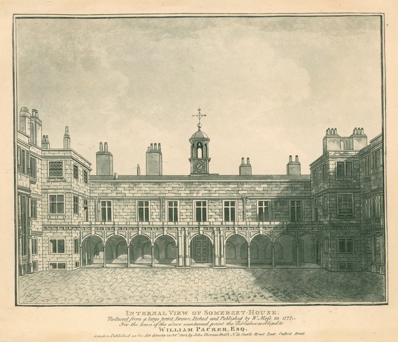 Sisäkuva Somerset House, The Strand, Lontoo; perustuu W Mossin vuonna 1777 piirtämään printtiin tekijältä English School