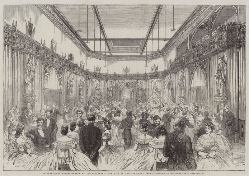 Kansainvälinen viihde Guildhallissa, Ball in Temporary Saloon pystytetty Guildhall-Yardiin (kaiverrus) tekijältä English School