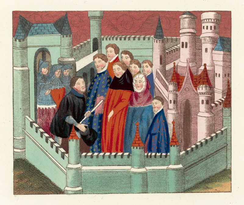 Lancasterin herttuan ja kuningas Richard II:n haastattelu (värikaiverrus) tekijältä English School