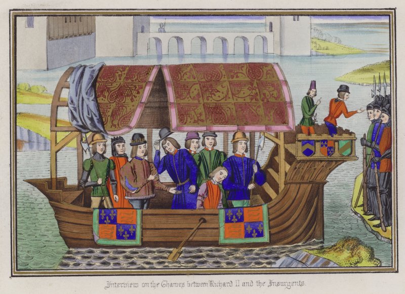 Thames-haastattelu kuningas Richard II:n ja kapinallisten välillä (värillinen kaiverrus) tekijältä English School