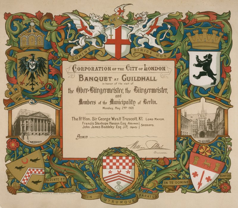 Lontoon Corporationin kutsu juhlaan Guildhallissa 24. toukokuuta 1909 tekijältä English School