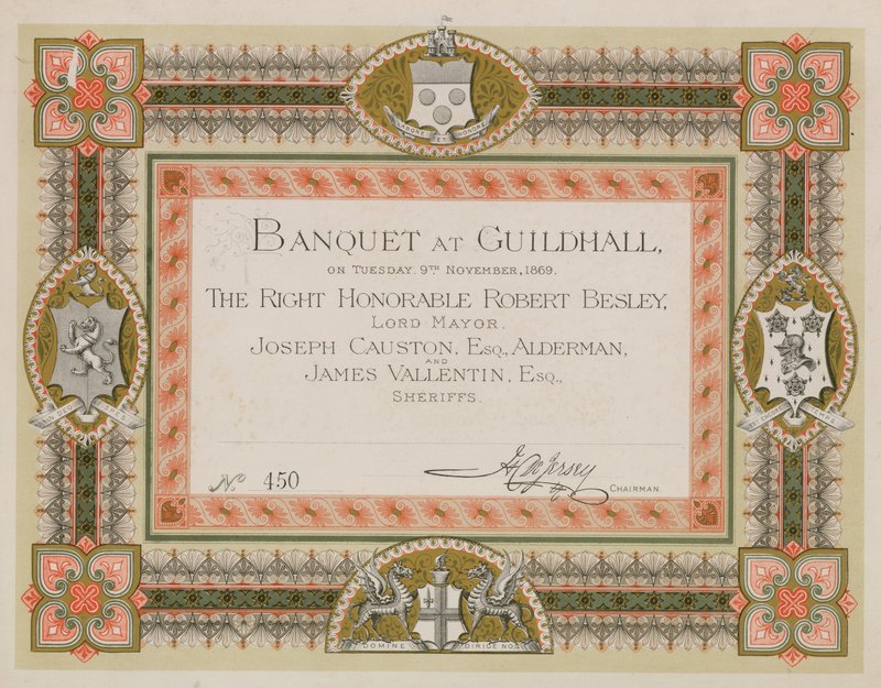 Kutsu juhlaan Lontoon Guildhallissa 9. marraskuuta 1869 tekijältä English School