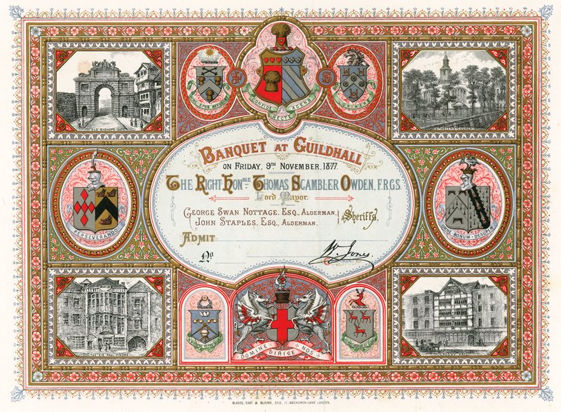 Kutsu juhlaan Lontoon Guildhallissa 9. marraskuuta 1877 tekijältä English School