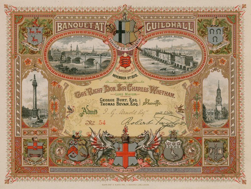 Kutsu juhlaan Lontoon Guildhallissa 9. marraskuuta 1878 tekijältä English School