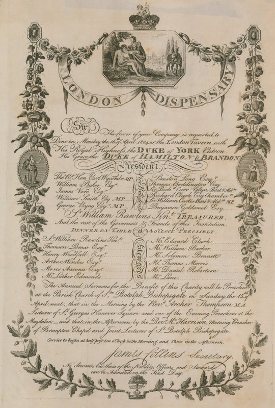 Kutsu London Dispensaryn illalliselle London Tavernissa 16. huhtikuuta 1804 tekijältä English School