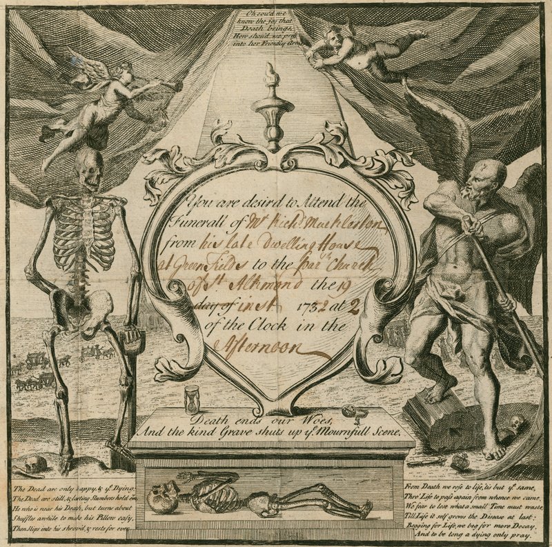 Kutsu osallistua Richard Macklestonin hautajaisiin vuonna 1732 tekijältä English School
