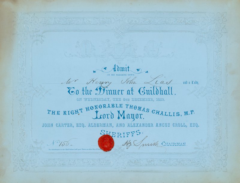 Kutsu illalliselle Guildhallissa Lontoossa 8. joulukuuta 1852 tekijältä English School