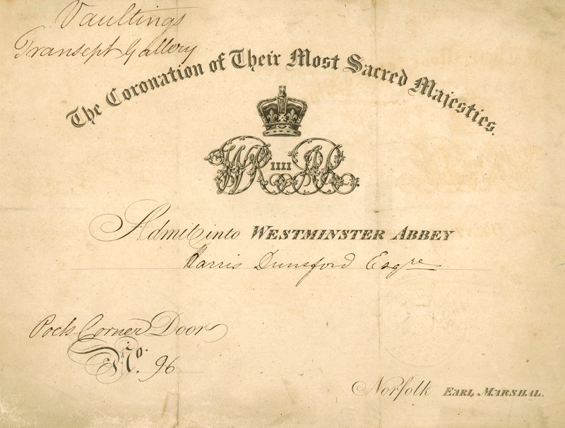 Kutsu kuningas William IV:n ja kuningatar Adelaiden kruunajaisiin tekijältä English School