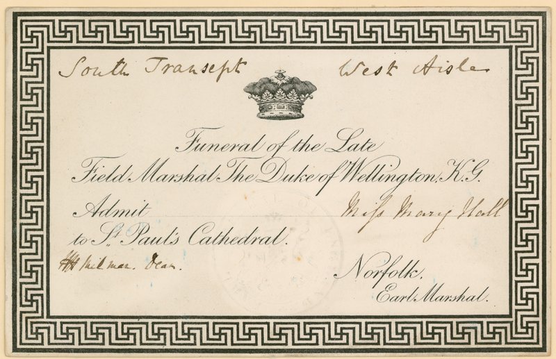 Kutsu Wellingtonin herttuan Arthur Wellesleyn hautajaisiin St Paulin katedraalissa tekijältä English School