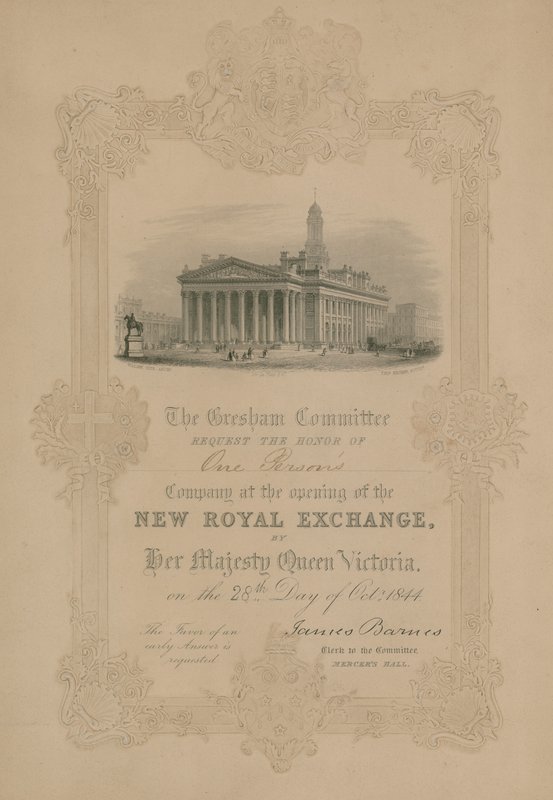 Hänen Majesteettinsa kuningatar Victoria kutsui Lontoon uuden kuninkaallisen pörssin avajaisiin 28. lokakuuta 1844 tekijältä English School