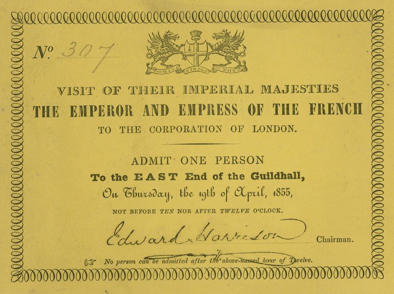 Kutsu heidän keisarillisten majesteettiensa, Ranskan keisarin ja keisarinnan vierailulle Guildhallissa Lontoossa 19. huhtikuuta 1855 tekijältä English School