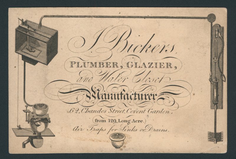 J Bickers, putkimies, lasittajien ja vesikäymälän valmistaja, 62 Chandos Street, Covent Garden, kauppakortti tekijältä English School