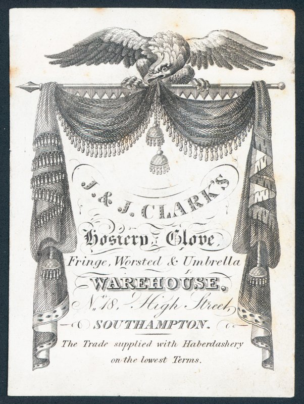 J & J Clarks, sukat, hanskat, hapsut, kampa- ja sateenvarjovarasto, kauppakortti tekijältä English School