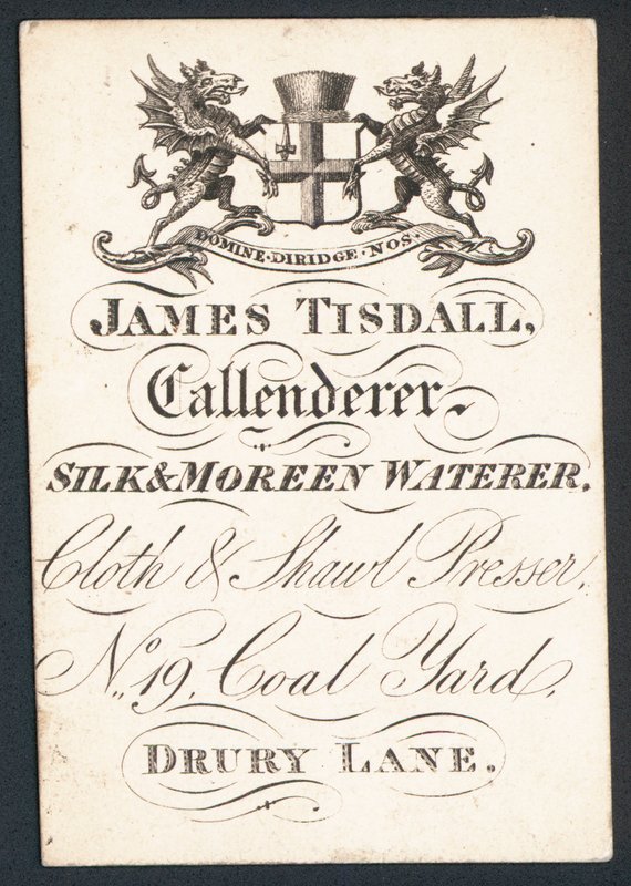 James Tisdall, Callenderer, silkki ja moreen juottaja, kauppakortti tekijältä English School