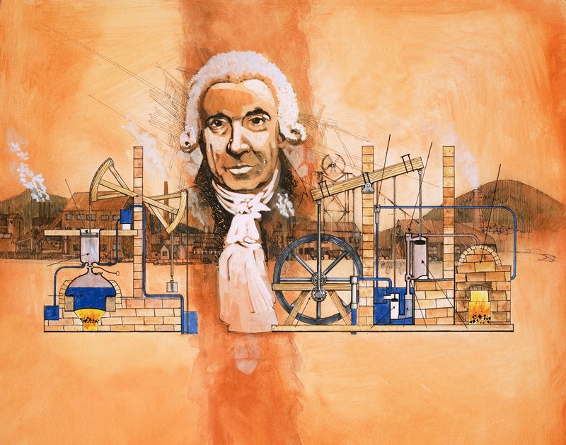 James Watt, uuneja ja mekaanisia pumppuja taustalla tekijältä English School