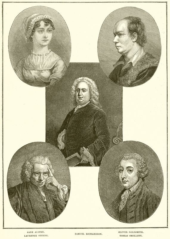 Jane Austen, Laurence Stern, Samuel Richardson, Oliver Goldsmith, Tobias Smollett tekijältä English School