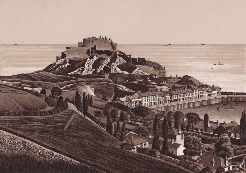 Jersey, Chanel-saaret: Mount Orgueilin linna ja Goreyn satama (litografia). tekijältä English School