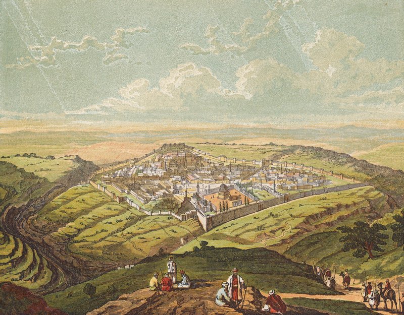 Jerusalem on rakennettu tiiviiksi kaupungiksi (värilitografia). tekijältä English School