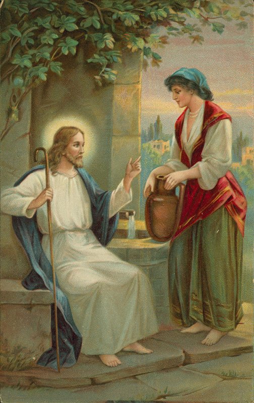Jeesus Kristus ja Samarian nainen (chromolitho) tekijältä English School
