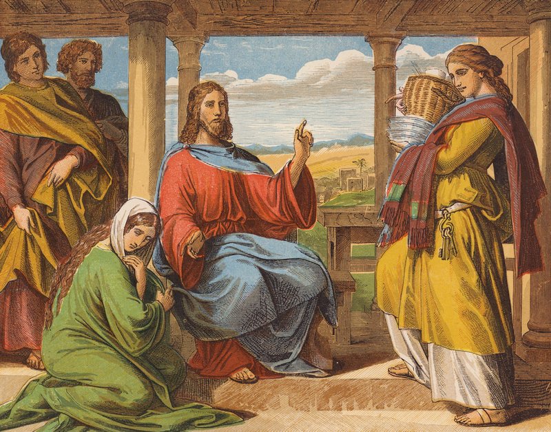 Jeesus Kristus Martan ja Marian talossa (värilitografia) tekijältä English School