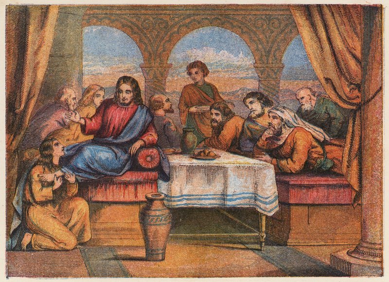 Jeesus Kristus opetuslastensa ja Maria Magdaleenan kanssa (värilitografia). tekijältä English School