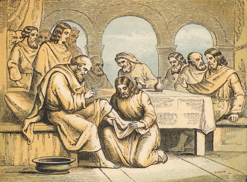 Jeesus pesee opetuslastensa jalkoja (värillinen kaiverrus) tekijältä English School