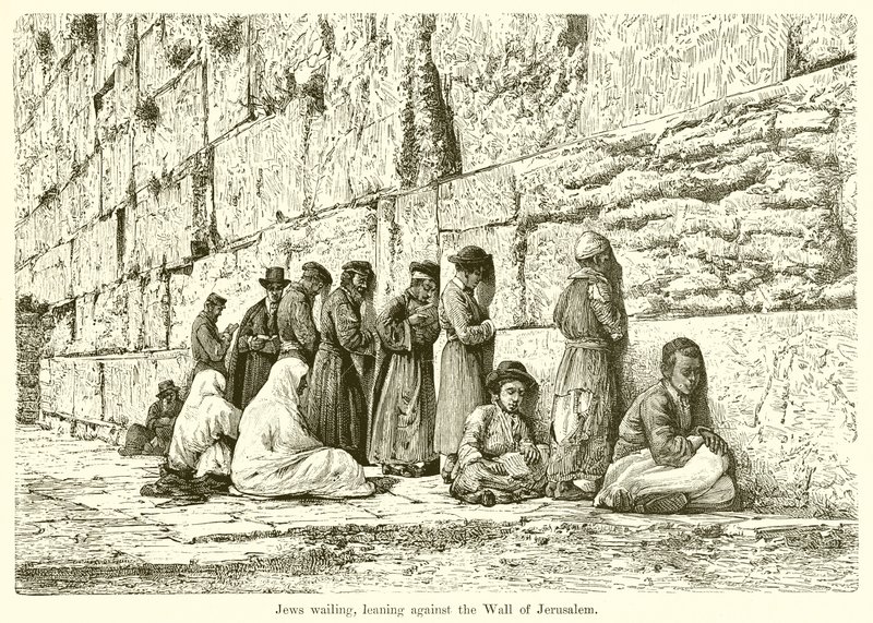 Juutalaiset itkevät, nojaavat Jerusalemin muuria vasten tekijältä English School