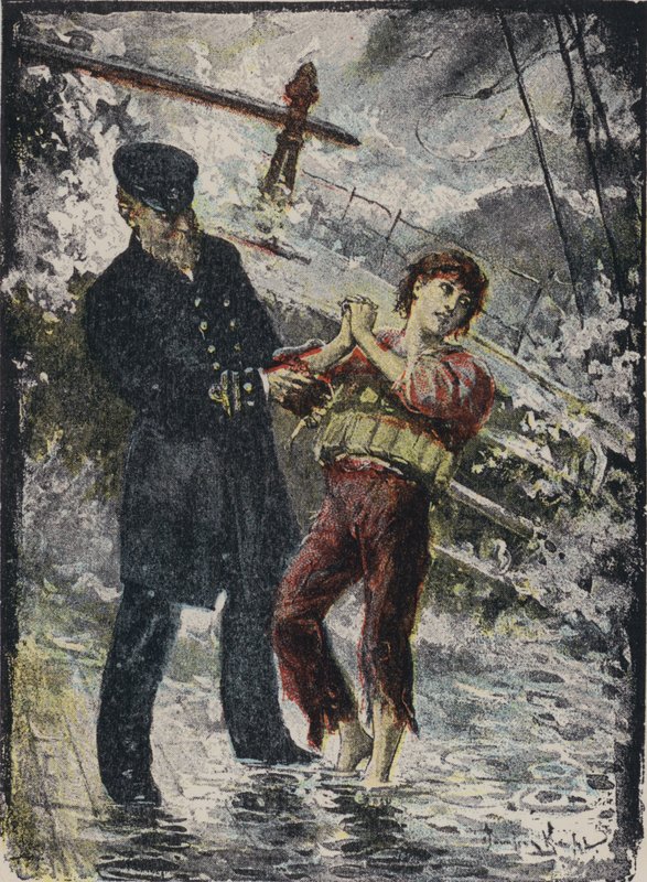John Alexander Strachan, höyrylaivan Cyprianin kapteeni, luovuttamassa pelastusliivinsä nuorelle salamatkustajalle ennen kuin laiva haaksirikkoutui myrskyssä Walesin rannikolla vuonna 1881 (väri litho) tekijältä English School