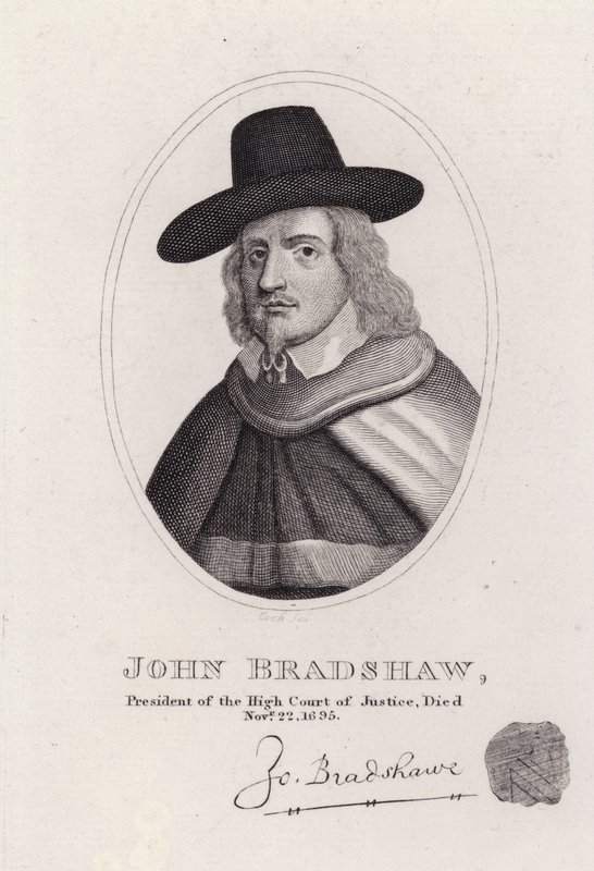 John Bradshaw, englantilainen tuomari, joka oli High Court of Justice -tuomioistuimen presidentti kuningas Charles I:n oikeudenkäynnissä vuonna 1649 (kaiverrus) tekijältä English School