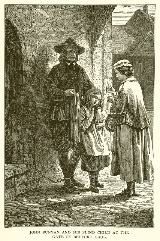 John Bunyan ja hänen sokea lapsensa Bedfordin vankilan portilla tekijältä English School