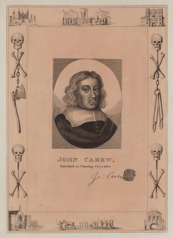 John Carew, teloitettu Charing Crossissa, 1660 tekijältä English School