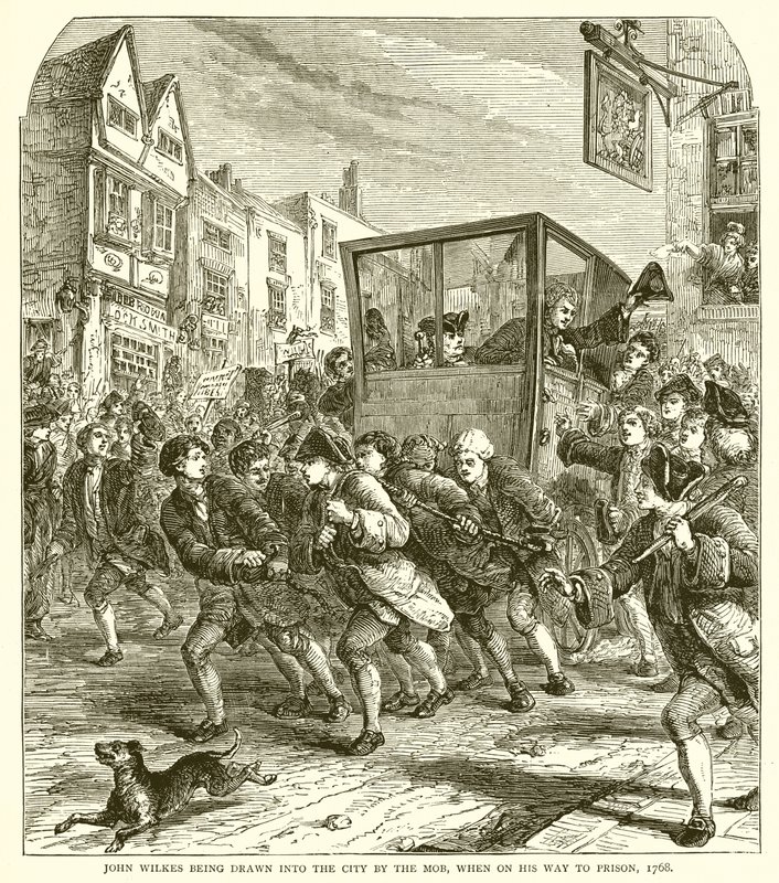 Väkijoukot vetivät John Wilkesin kaupunkiin hänen matkallaan vankilaan, 1768 tekijältä English School