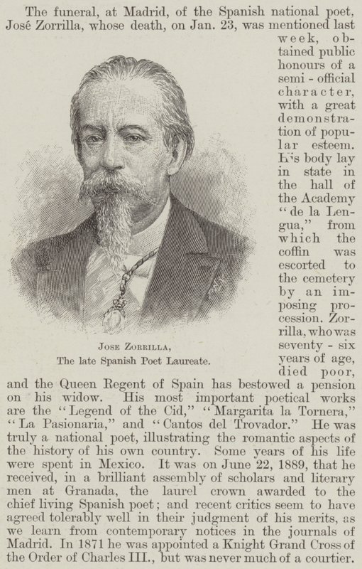 Jose Zorrilla, edesmennyt espanjalainen runoilija (kaiverrus) tekijältä English School