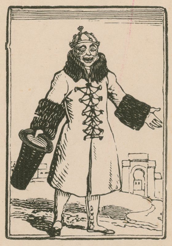 Joseph Grimaldi Klovnina laulamassa All the World Pariisissa, Surrey Theatre, 1814 tekijältä English School
