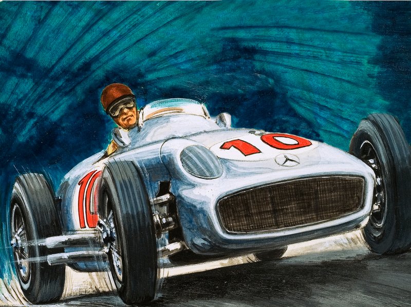 Juan Manuel Fangio ajaa Mercedes-Benziä tekijältä English School