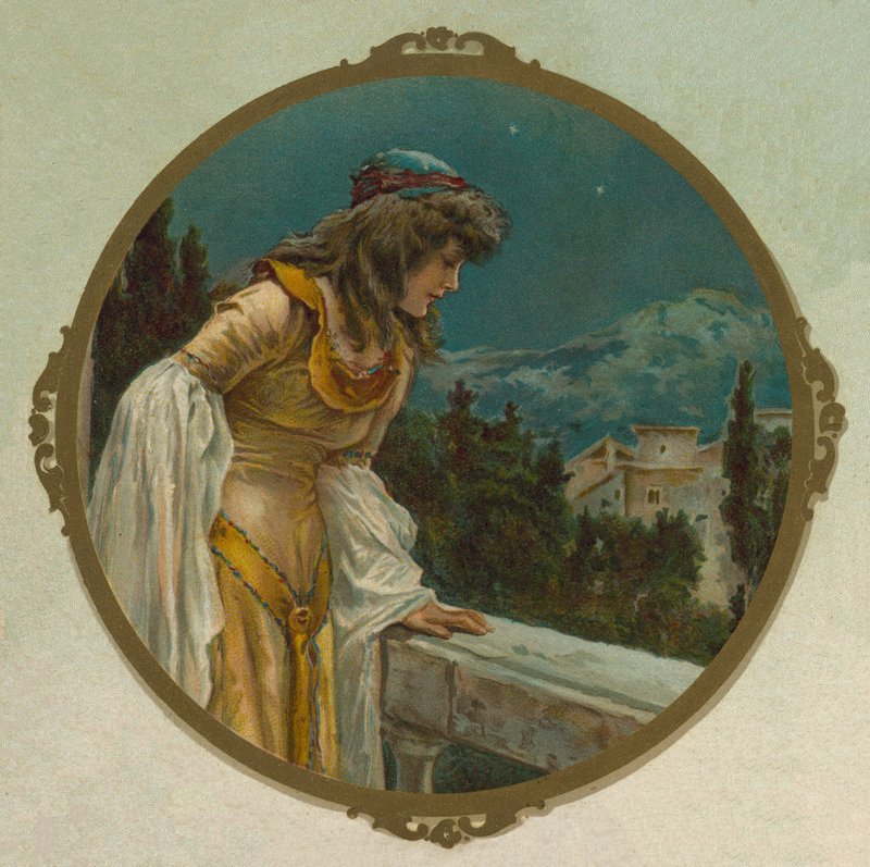 Julia parvekkeella, kohtaus Shakespearen Romeosta ja Juliasta (chromolitho) tekijältä English School