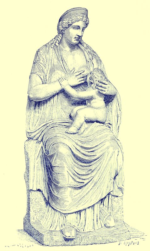 Juno imettää vauvaa Herkules, patsas Vatikaanissa, kuvitus Rooman historiasta, Victor Duruy, julkaistu 1884 (digitaalisesti paranneltu kuva) tekijältä English School