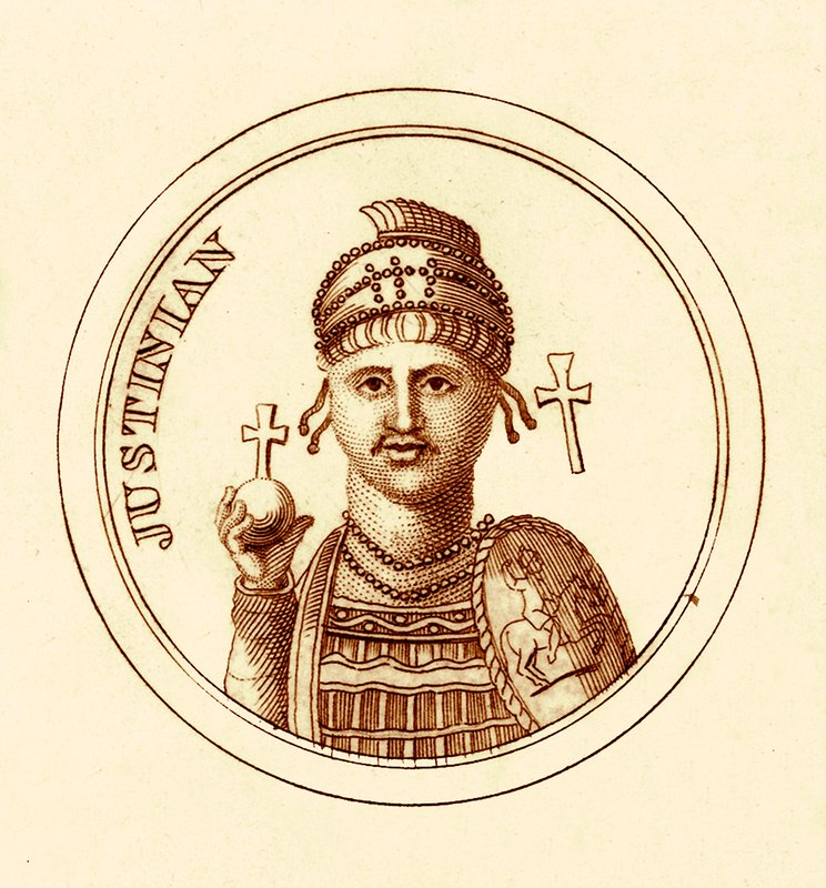 Justinianus, kuvitus George Crabbin yleisestä historiallisesta sanakirjasta, julkaistu 1825 (digitaalisesti paranneltu kuva) tekijältä English School