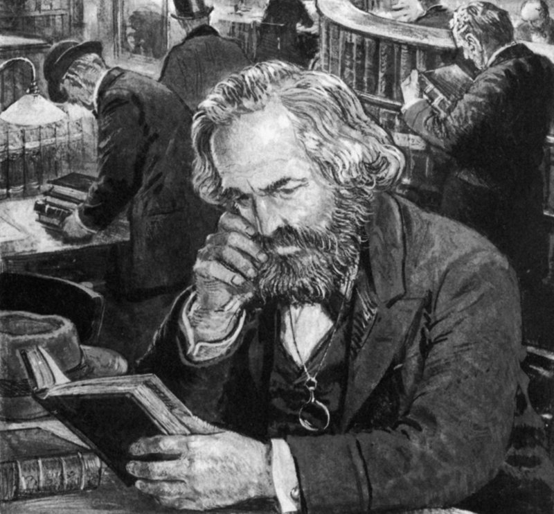 Karl Marx opiskelee ja kirjoittaa British Museumin lukusalissa tekijältä English School