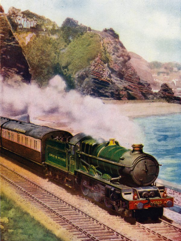 King Charles II, Great Western Railway (GWR) King-luokan 4-6-0-höyryveturi, joka kuljettaa Cornish Rivieran pikajunaa Dawlishin ja Teignmouthin välillä Devonissa (väri litho) tekijältä English School