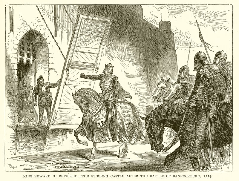 Kuningas Edward II karkotettiin Stirlingin linnasta Bannockburnin taistelun jälkeen, 1314 tekijältä English School