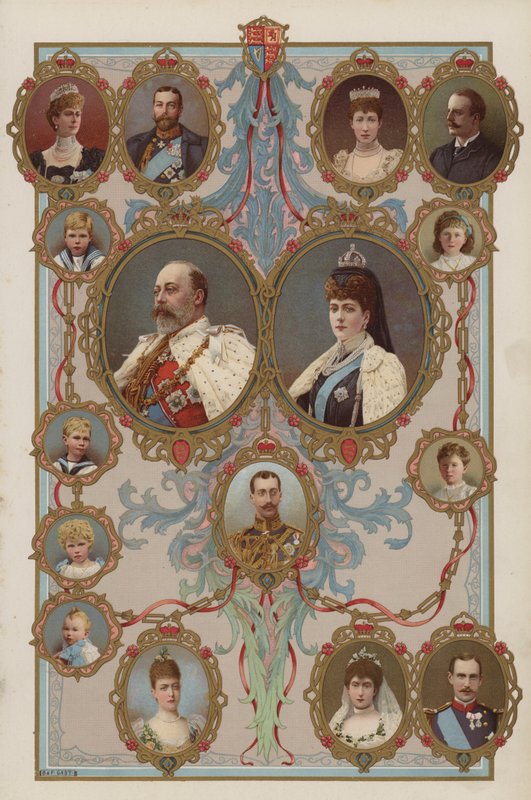 Kuningas Edward VII, kuningatar Alexandra ja heidän lapsensa ja lastenlapsensa (väri litho) tekijältä English School