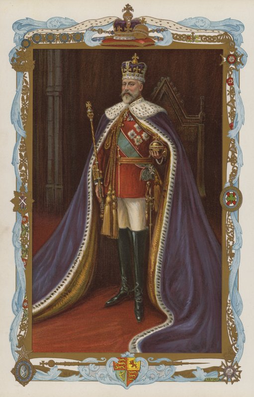 Kuningas Edward VII kruunajaispuvussa (värilitografia) tekijältä English School