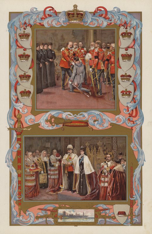 Kuningas Edward VII:n ensimmäiset säädyt hallitsijana vuonna 1901 (värilitografia). tekijältä English School